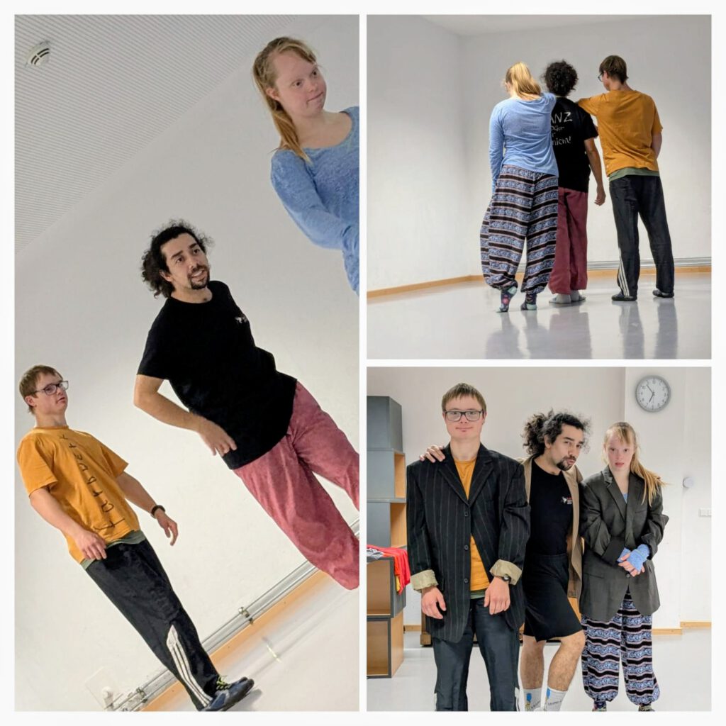 Bildercollage: 3 Menschen stehen in einer Linie. Mal mit Raum zwischen ihnen, mal sich berührend. Mal von hinten, mal von vorn.