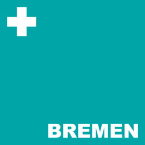 Schriftlogo Bremen mit einem Pluszeichen auf Türkise Hintergrund