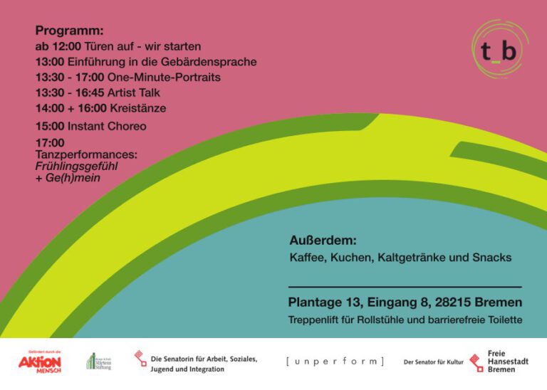 12 Uhr geht es los 13 Uhr Einführung Gebärdensprache 13:30 Uhr - 17 Uhr One-Minute-Portraits 13:30 - 16:45 Uhr Artist Talk 14 & 16 Uhr Kreistänze 15 Uhr Instant Choreo 17 Uhr Tanzperformance