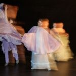 3 Tänzer:innen in langen, plissierten Umhängen in Bewegung. Das Bild ist lang belichtet, weswegen die Umrisse verschwommen und in Bewegung zu sein scheinen.