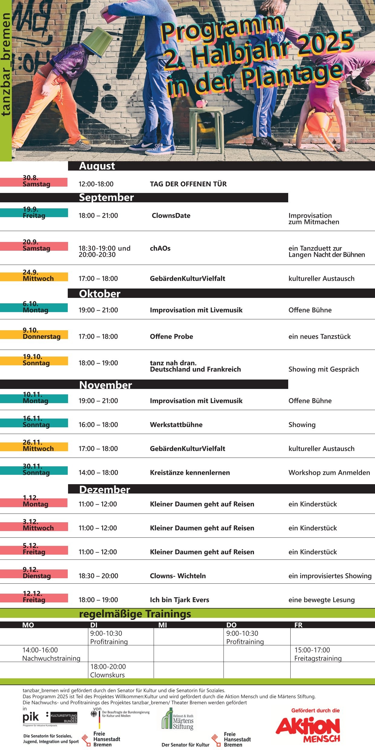 Programm für das zweite Halbjahr 2025. Die einzelnen Programmpunkte in Textform findet ihr jeweils im Monatsprogramm in Textform oder im PDF oberhalb des Bildes